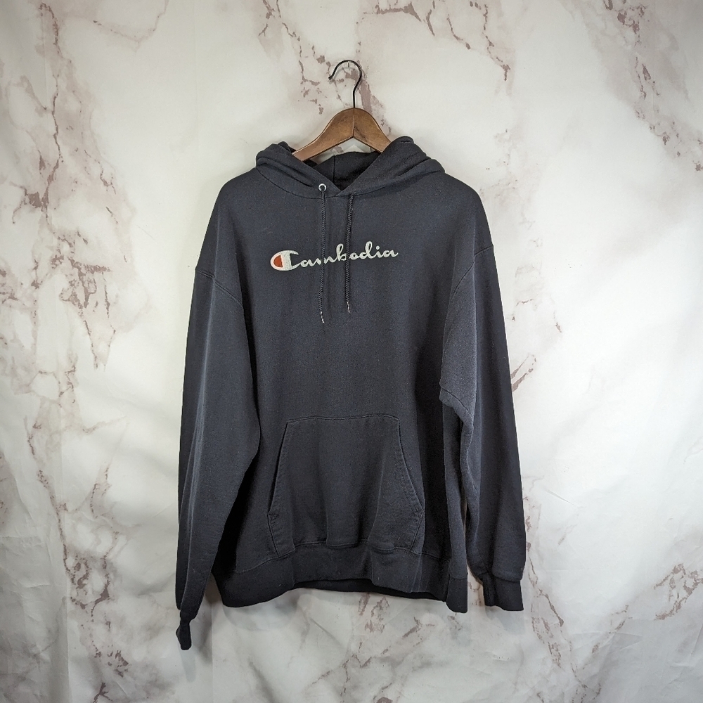 Champion Hoodie Mens XL Black Cambodia Eco Authentic Sweatshirt Vintage